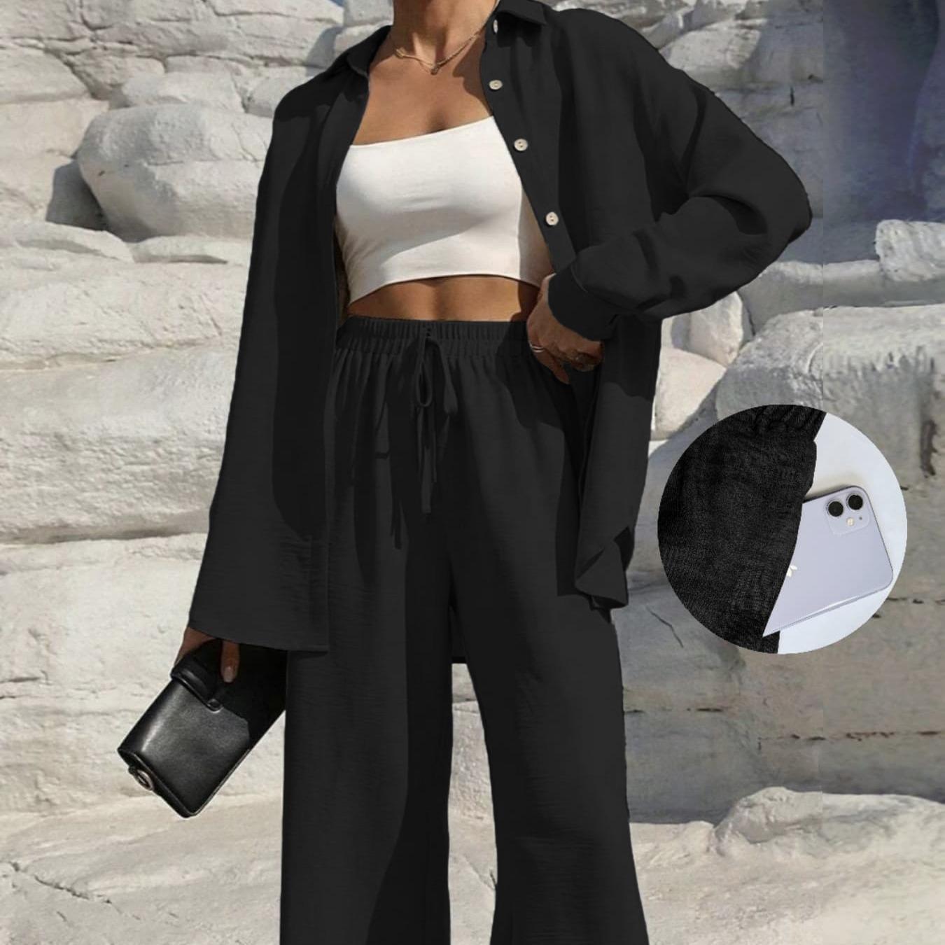 MH41 Button-Front Shirt & Tie-Waist Wide-Leg Pants Set (2-Piece, Pockets)