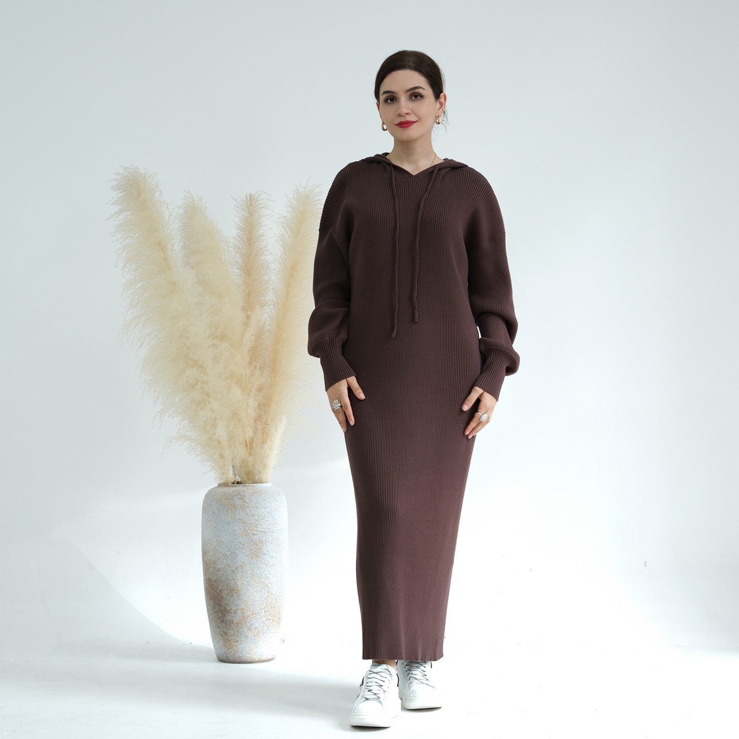 MH79 Hooded Abaya for Women – Thick-Knit Oversized Sweater Dress, Long Sleeve Modest Islamic Dress