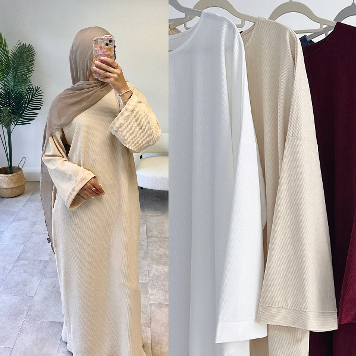 MH83 Oversized Abaya Dress for Women – Ribbed, Balloon Sleeve, Full-Length Modest Islamic Wear
