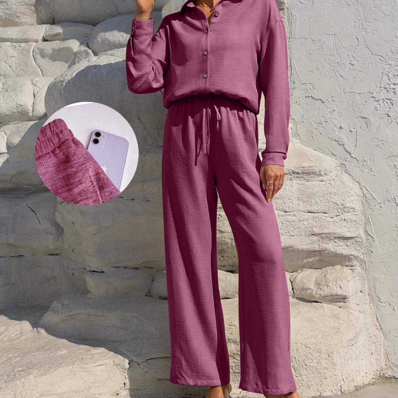 MH41 Button-Front Shirt & Tie-Waist Wide-Leg Pants Set (2-Piece, Pockets)