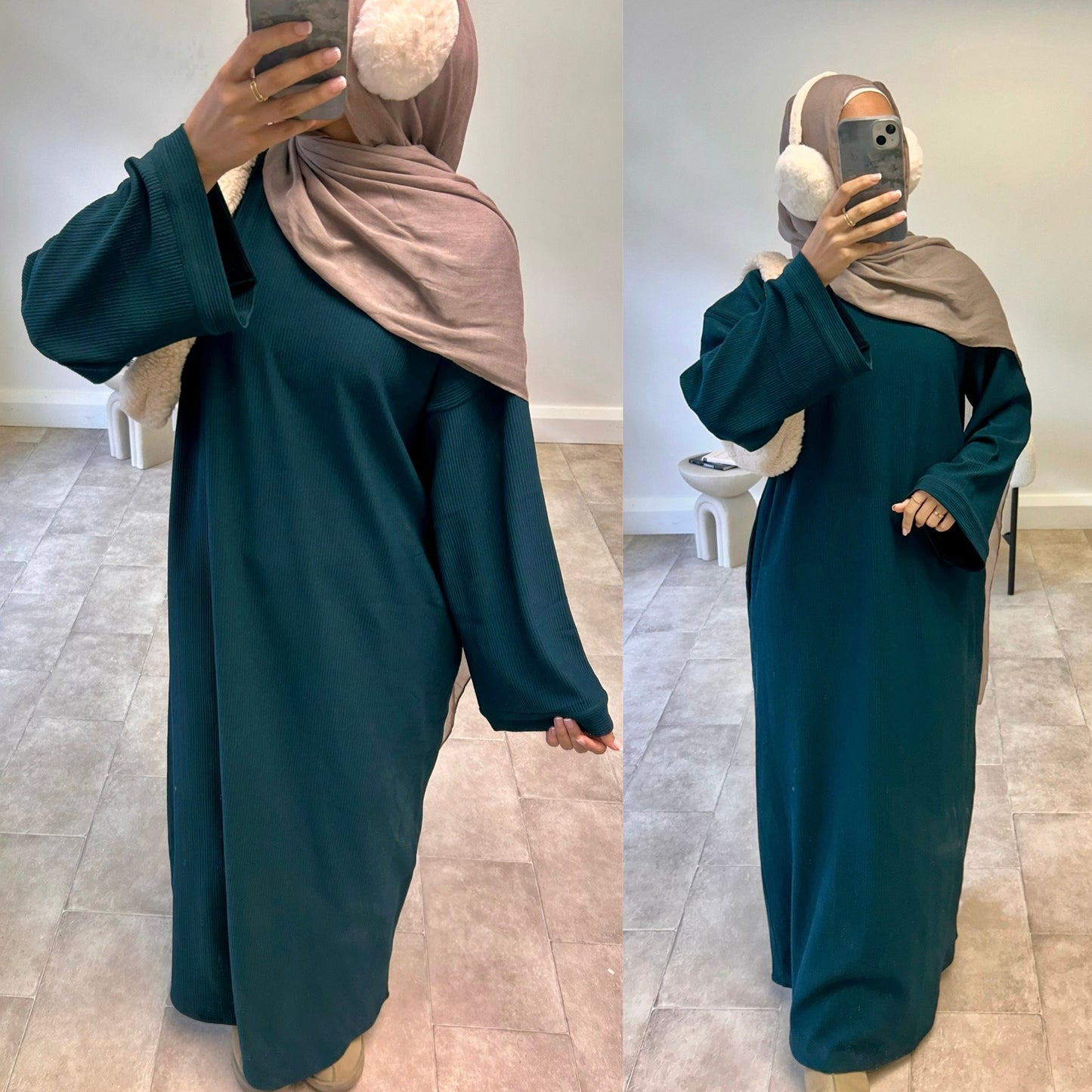 MH83 Oversized Abaya Dress for Women – Ribbed, Balloon Sleeve, Full-Length Modest Islamic Wear