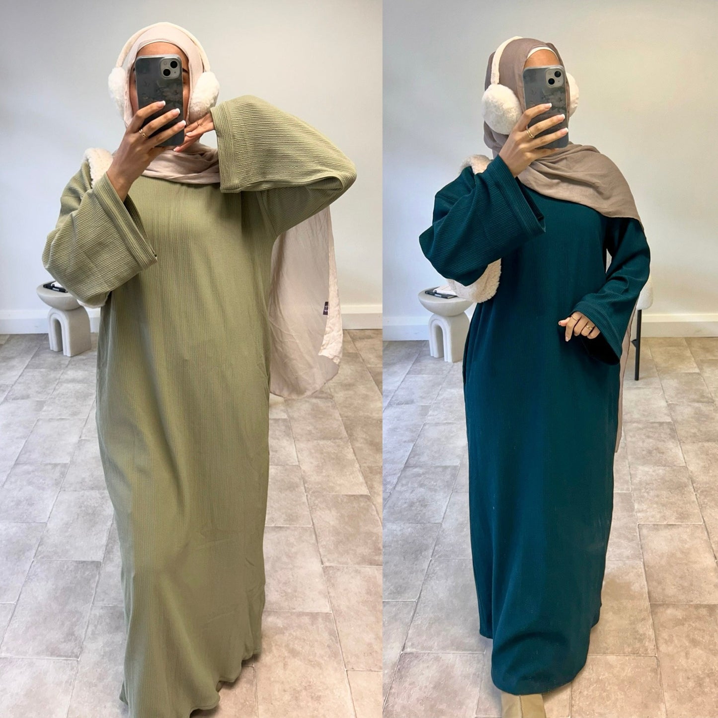 MH83 Oversized Abaya Dress for Women – Ribbed, Balloon Sleeve, Full-Length Modest Islamic Wear