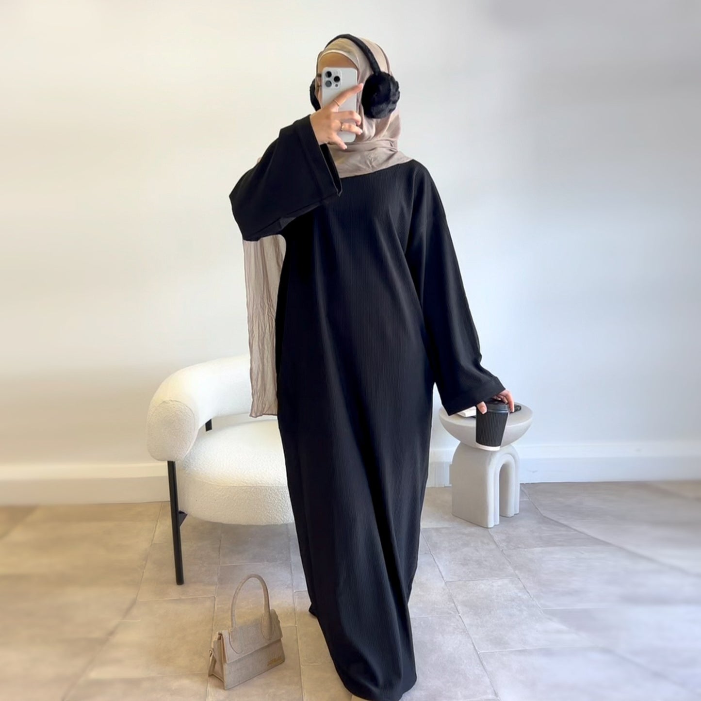 MH83 Oversized Abaya Dress for Women – Ribbed, Balloon Sleeve, Full-Length Modest Islamic Wear