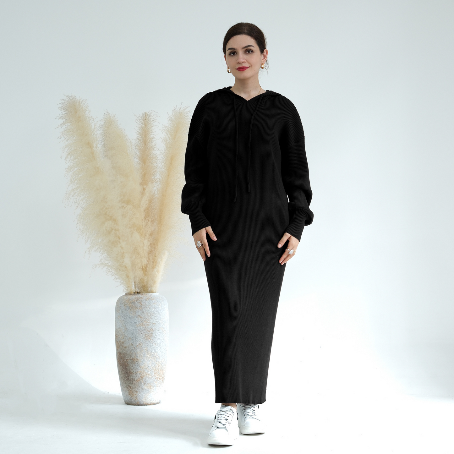 MH79 Hooded Abaya for Women – Thick-Knit Oversized Sweater Dress, Long Sleeve Modest Islamic Dress
