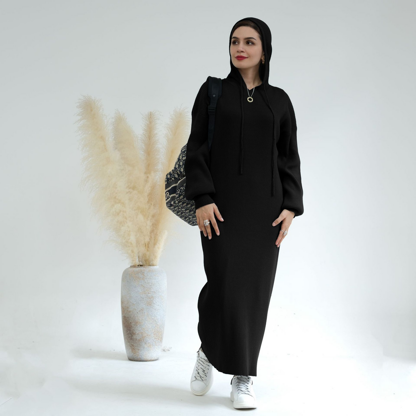MH79 Hooded Abaya for Women – Thick-Knit Oversized Sweater Dress, Long Sleeve Modest Islamic Dress