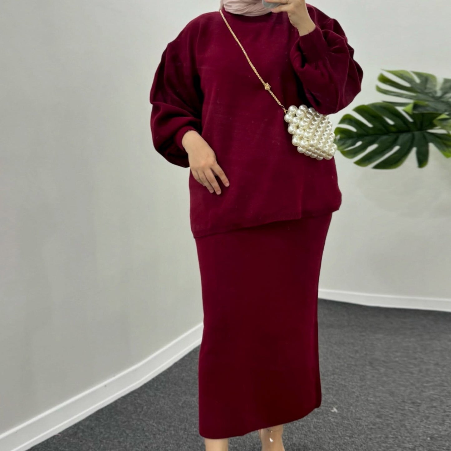 MH74 Muslim Women’s Winter Knit Two-Piece Modest Set (Top + Skirt)