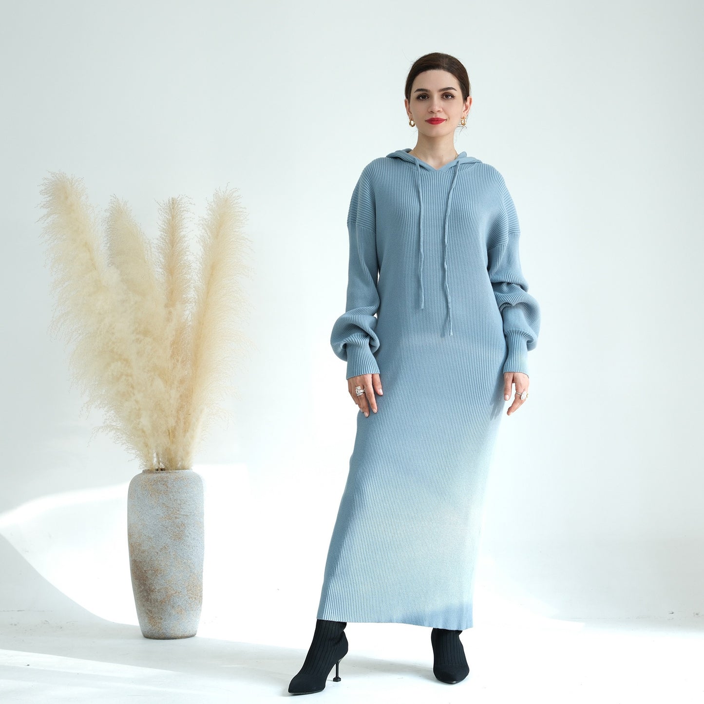 MH79 Hooded Abaya for Women – Thick-Knit Oversized Sweater Dress, Long Sleeve Modest Islamic Dress