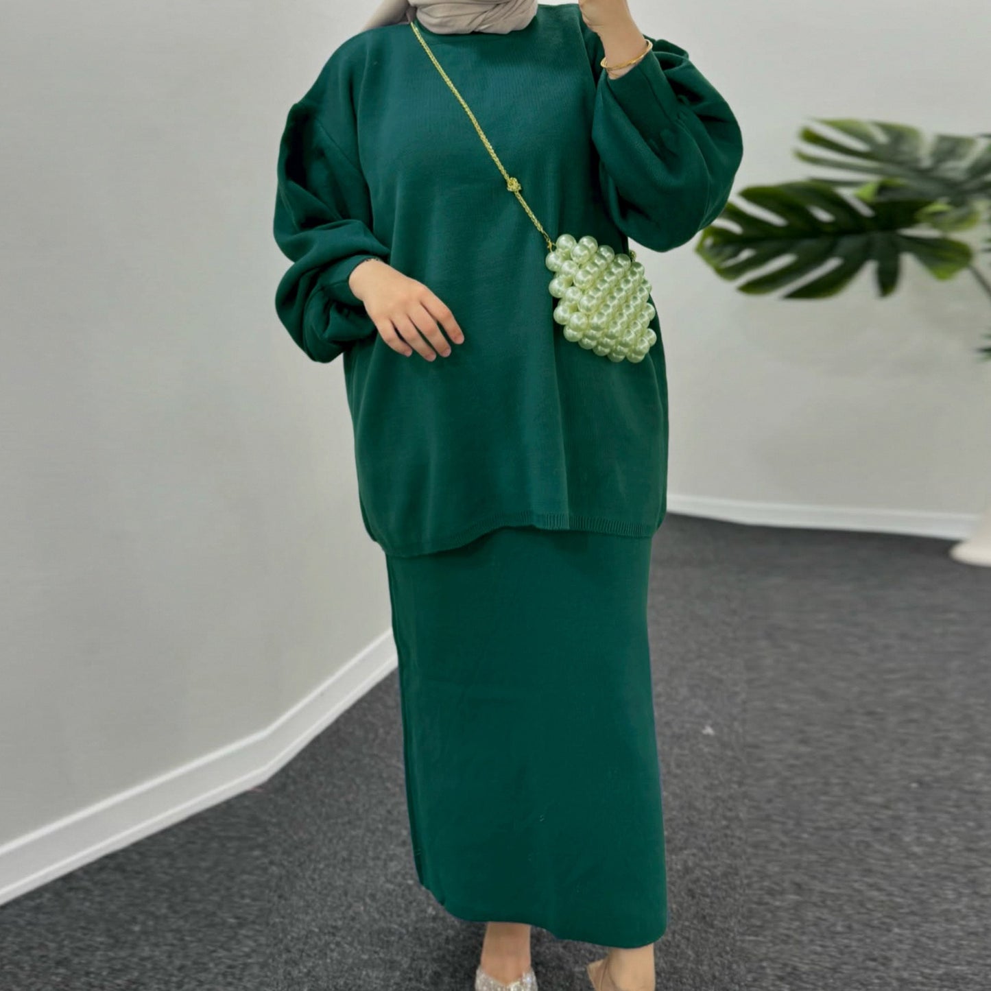 MH74 Muslim Women’s Winter Knit Two-Piece Modest Set (Top + Skirt)