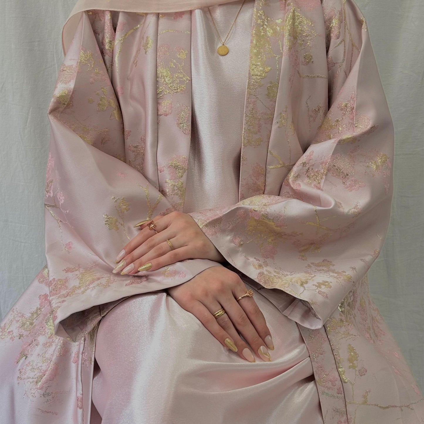 MH98 Sakura Pink Kimono Abaya – Embroidered Eid Abaya with Golden Details