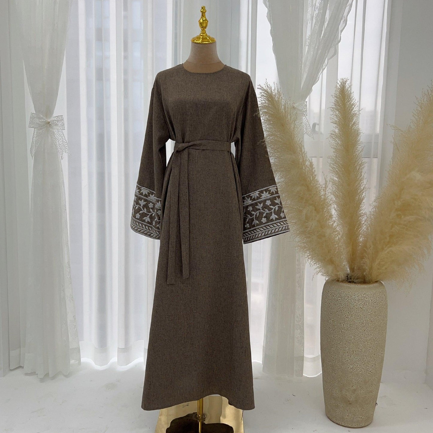 Ramadan Dubai Abaya Dress - Soft Embroidery Kefiyyeh Belted Robe | Modest Islamic Clothing for Women - Mahathelabel