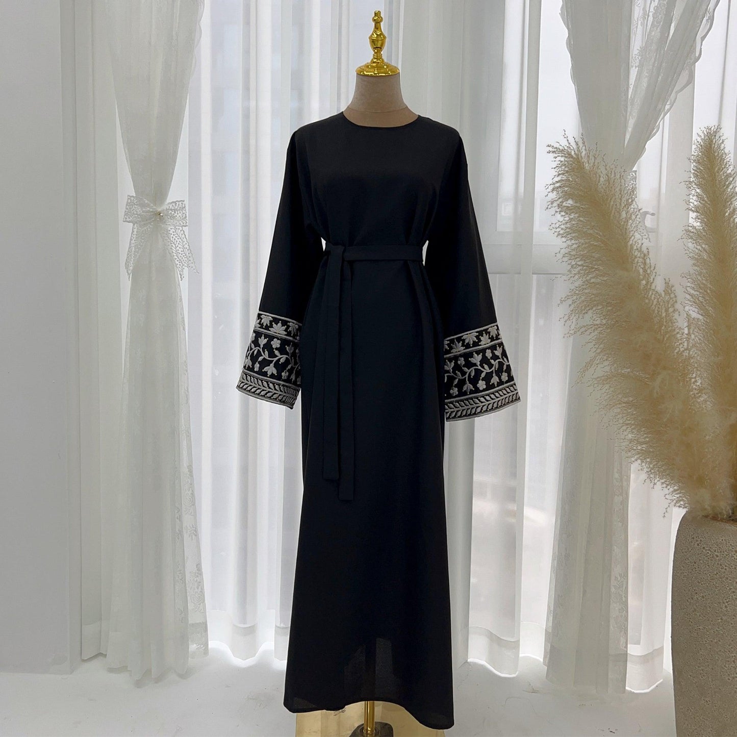 Ramadan Dubai Abaya Dress - Soft Embroidery Kefiyyeh Belted Robe | Modest Islamic Clothing for Women - Mahathelabel
