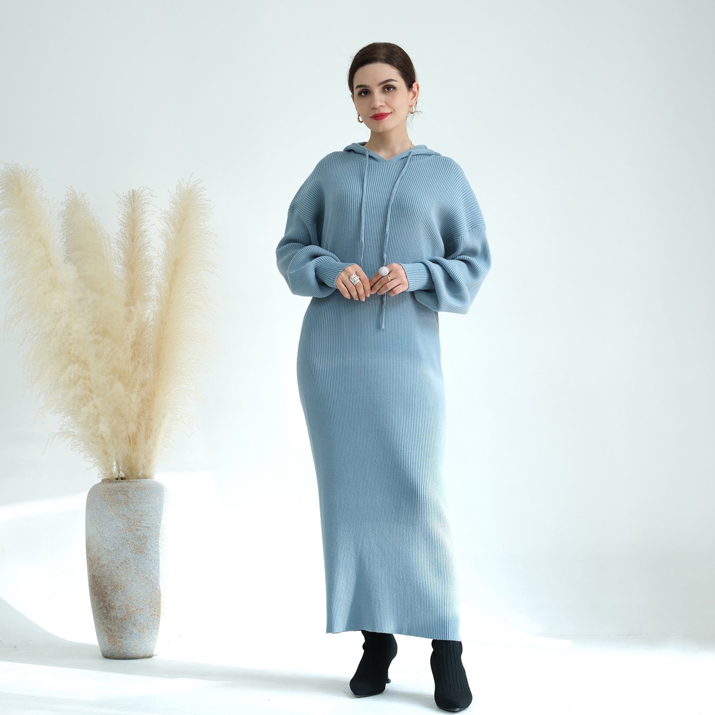 MH79 Hooded Abaya for Women – Thick-Knit Oversized Sweater Dress, Long Sleeve Modest Islamic Dress