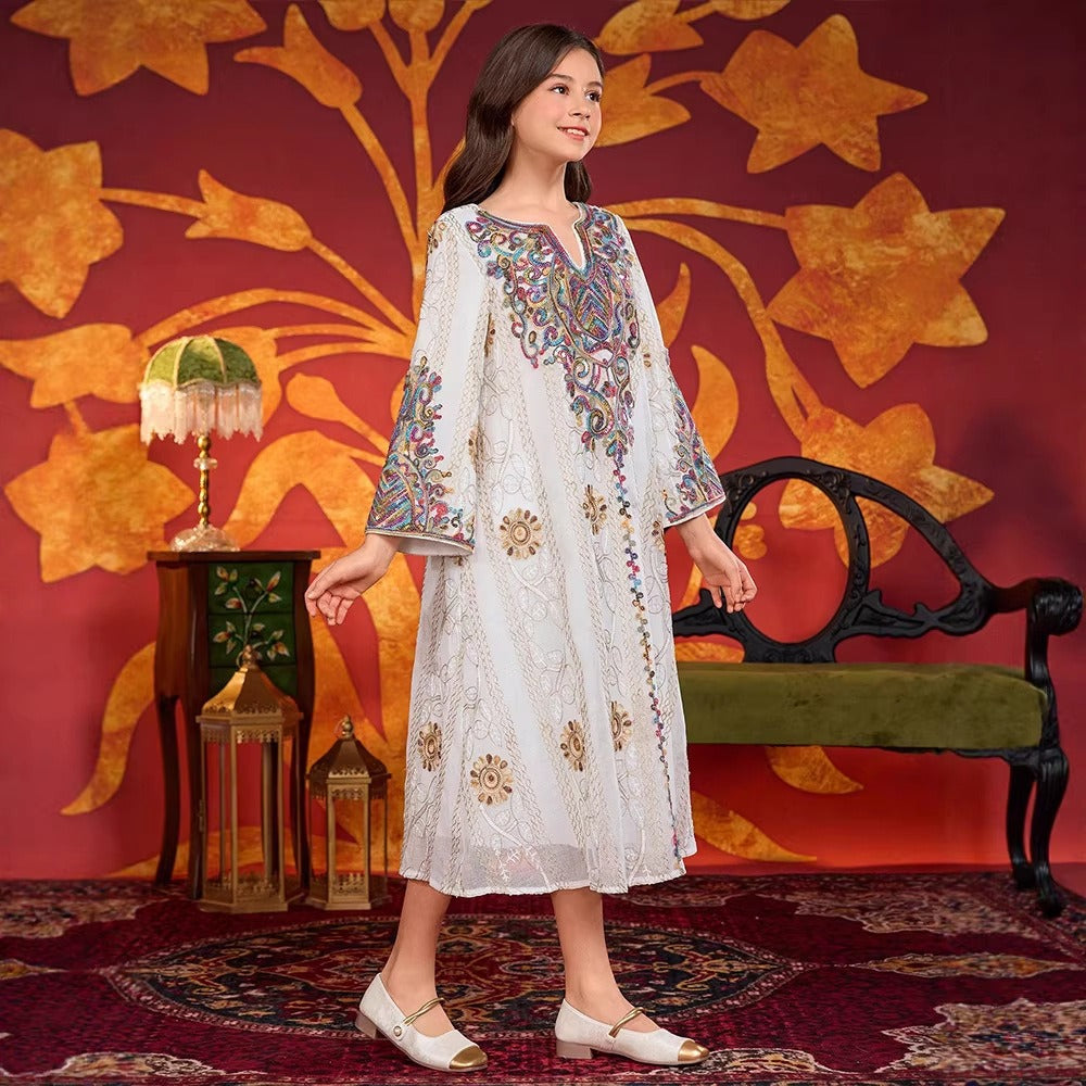LM138 Girls Heavy Embroidery Maxi Dress – Elegant Modest Party Dress for Girls Ages 8–12
