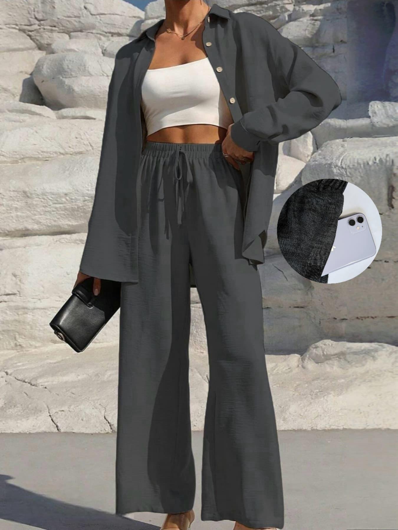 MH41 Button-Front Shirt & Tie-Waist Wide-Leg Pants Set (2-Piece, Pockets)