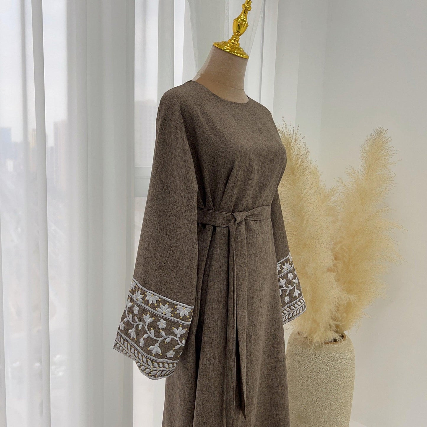 Ramadan Dubai Abaya Dress - Soft Embroidery Kefiyyeh Belted Robe | Modest Islamic Clothing for Women - Mahathelabel