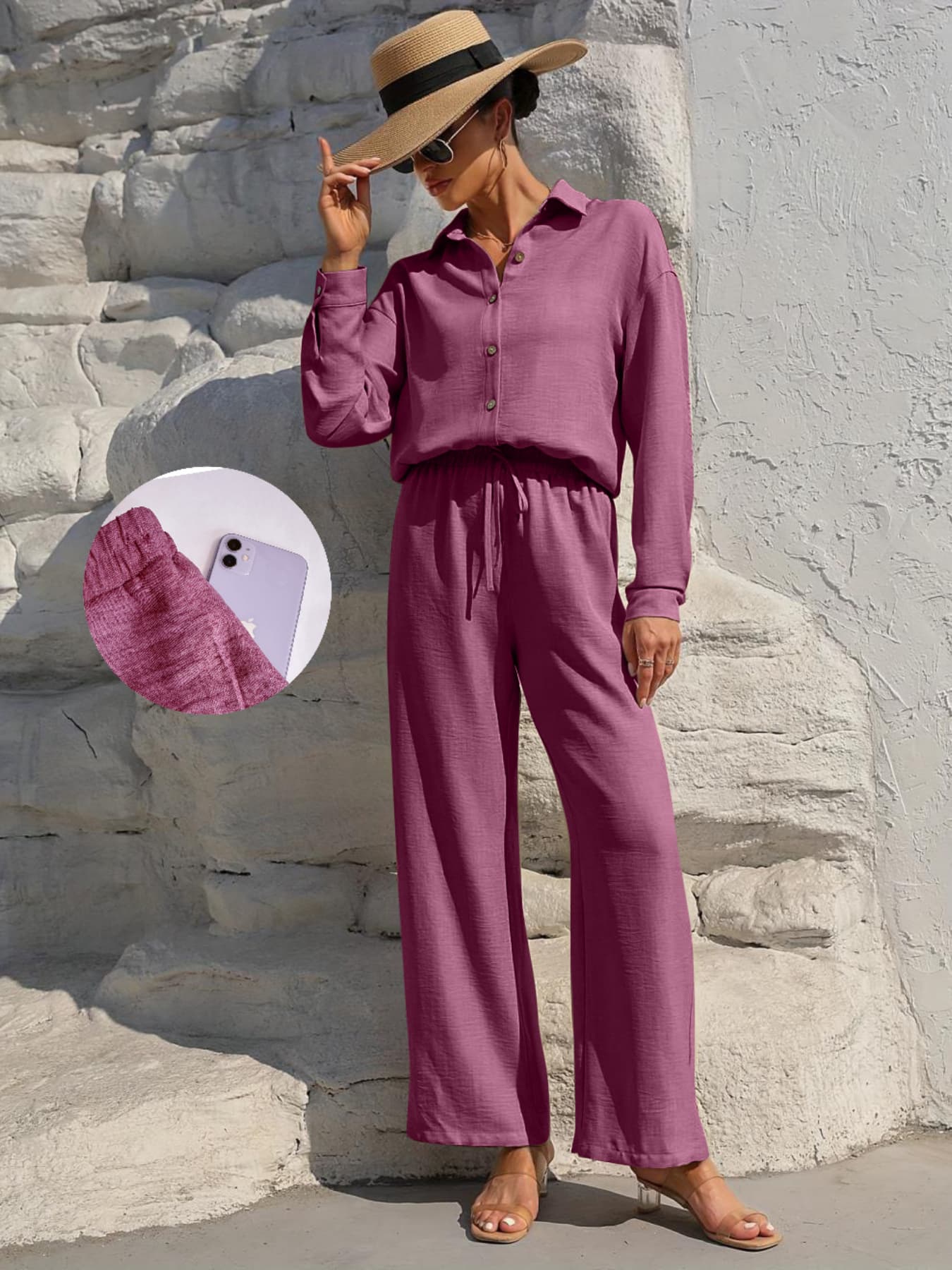 MH41 Button-Front Shirt & Tie-Waist Wide-Leg Pants Set (2-Piece, Pockets)