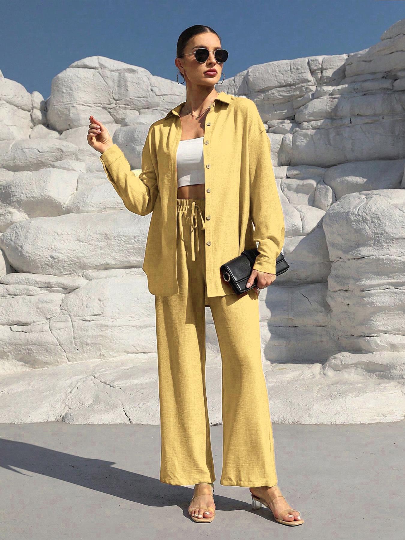 MH41 Button-Front Shirt & Tie-Waist Wide-Leg Pants Set (2-Piece, Pockets)
