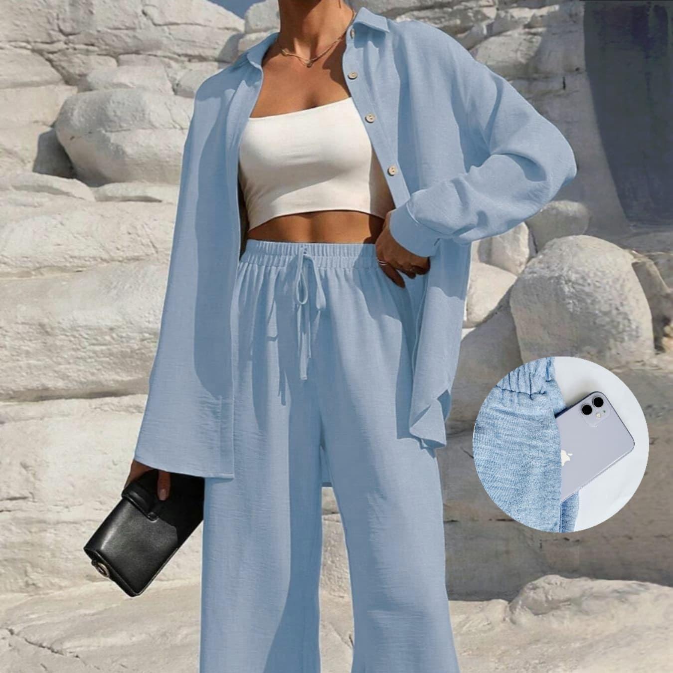 MH41 Button-Front Shirt & Tie-Waist Wide-Leg Pants Set (2-Piece, Pockets)