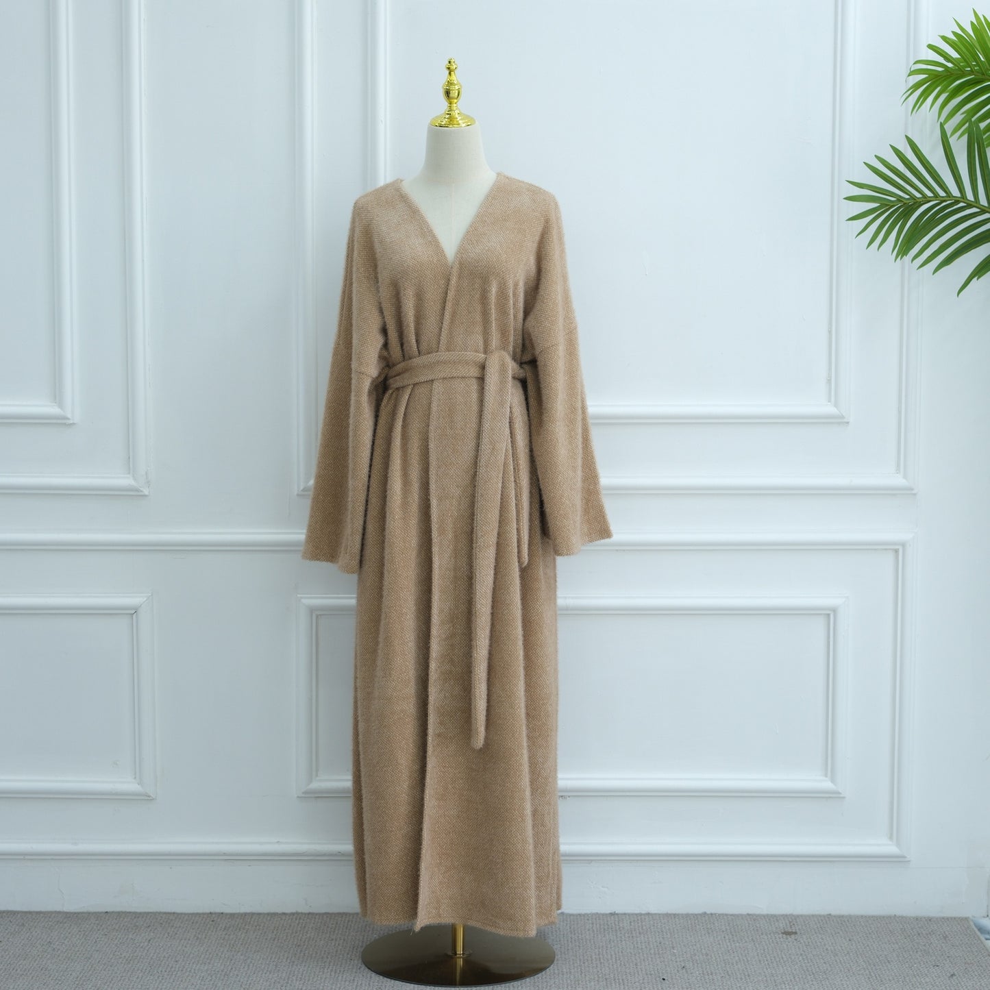 MH97 Velvet Open Abaya Cardigan with Belt – Long Sleeve Modest Outerwear