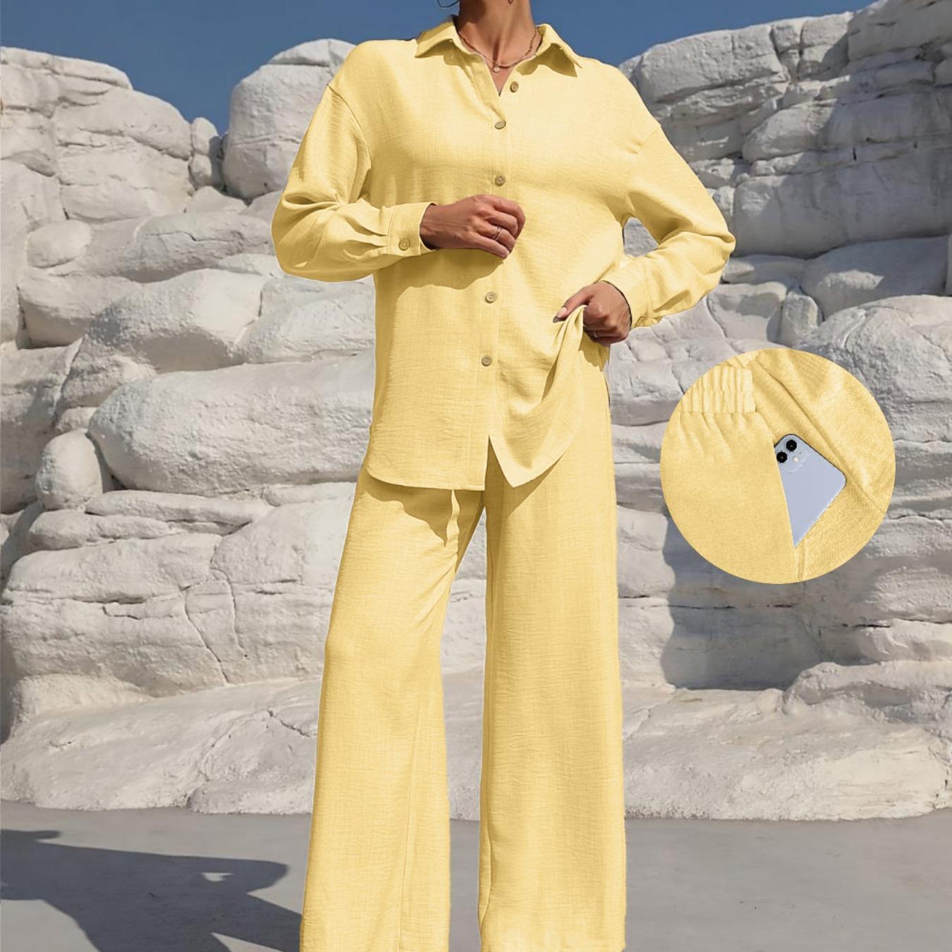 MH41 Button-Front Shirt & Tie-Waist Wide-Leg Pants Set (2-Piece, Pockets)