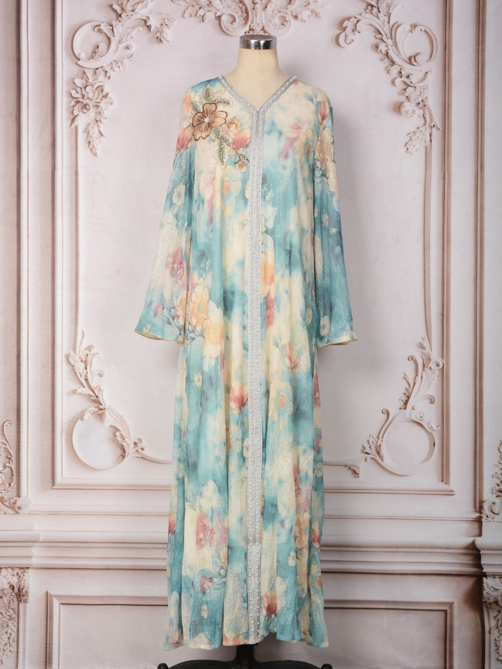 MH131 Luxury Floral Print Beaded Abaya Dress – Elegant Modest Eid Maxi Kaftan for Muslim Women