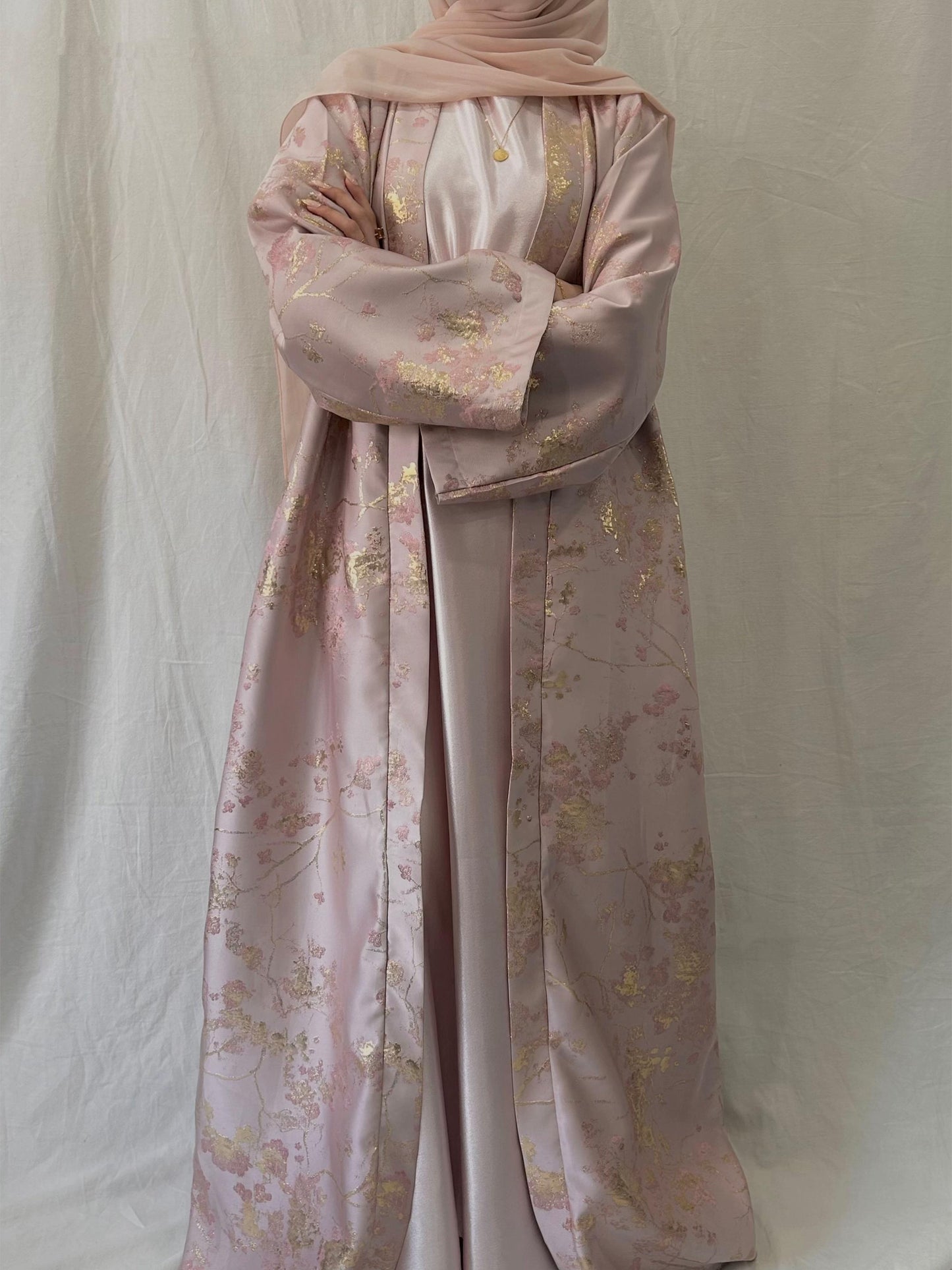 MH98 Sakura Pink Kimono Abaya – Embroidered Eid Abaya with Golden Details