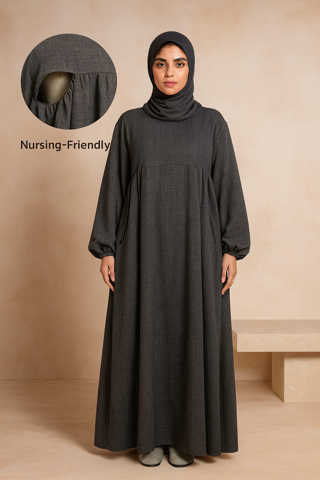 MH18 Nursing Zip Pocket Abaya – Single-Zip, Reversible Front/Back Wear for Prayer, Umrah & Hajj
