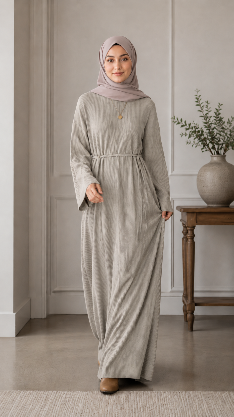 MH76 Winter Abaya for Women – Ribbed, Belted, Long Sleeve Modest Islamic Dress