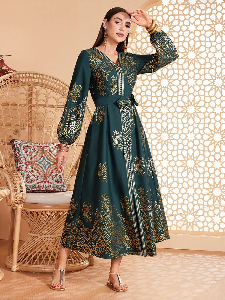 MH057 Elegant Lantern Sleeve Abaya Dress | Modest Maxi Kaftan for Eid & Evening Wear