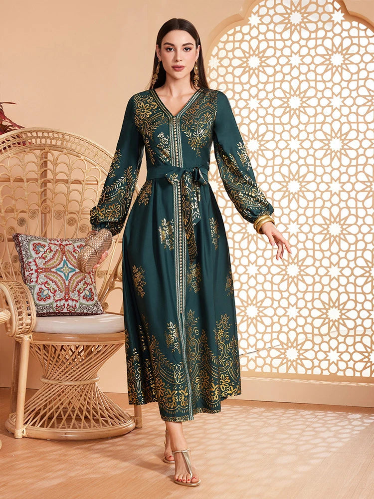 MH057 Elegant Lantern Sleeve Abaya Dress | Modest Maxi Kaftan for Eid & Evening Wear