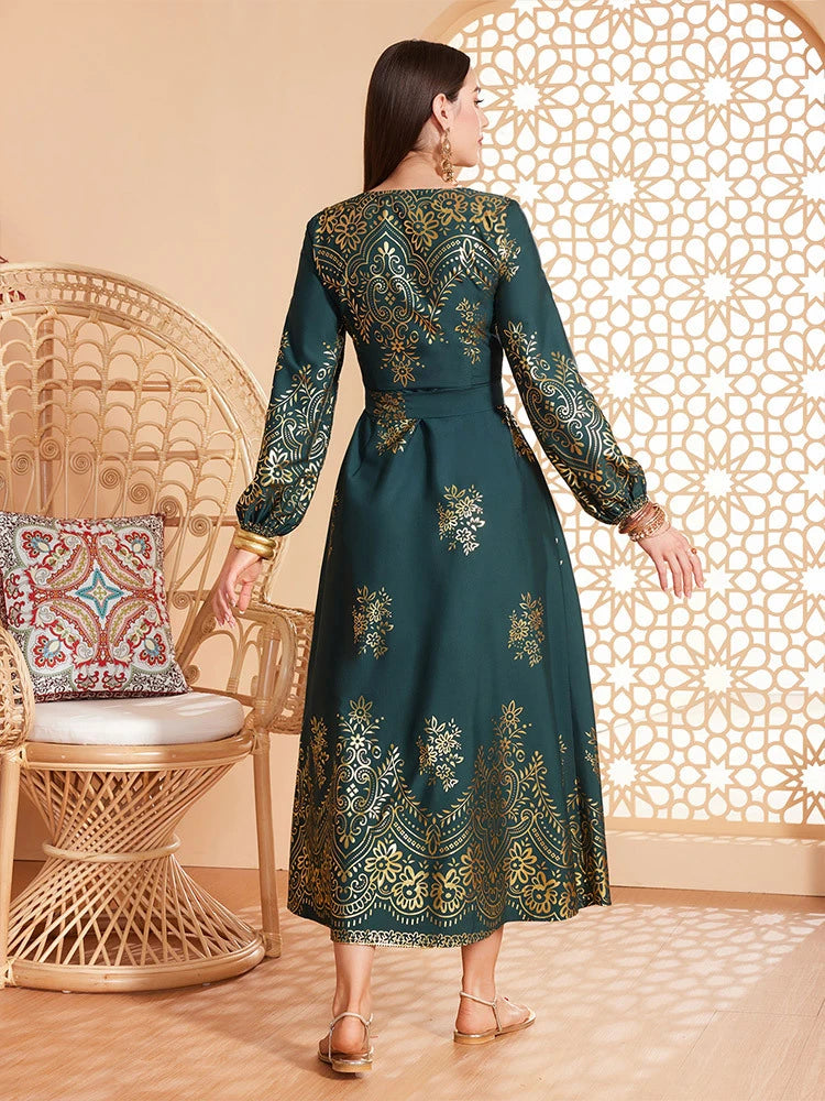 MH057 Elegant Lantern Sleeve Abaya Dress | Modest Maxi Kaftan for Eid & Evening Wear
