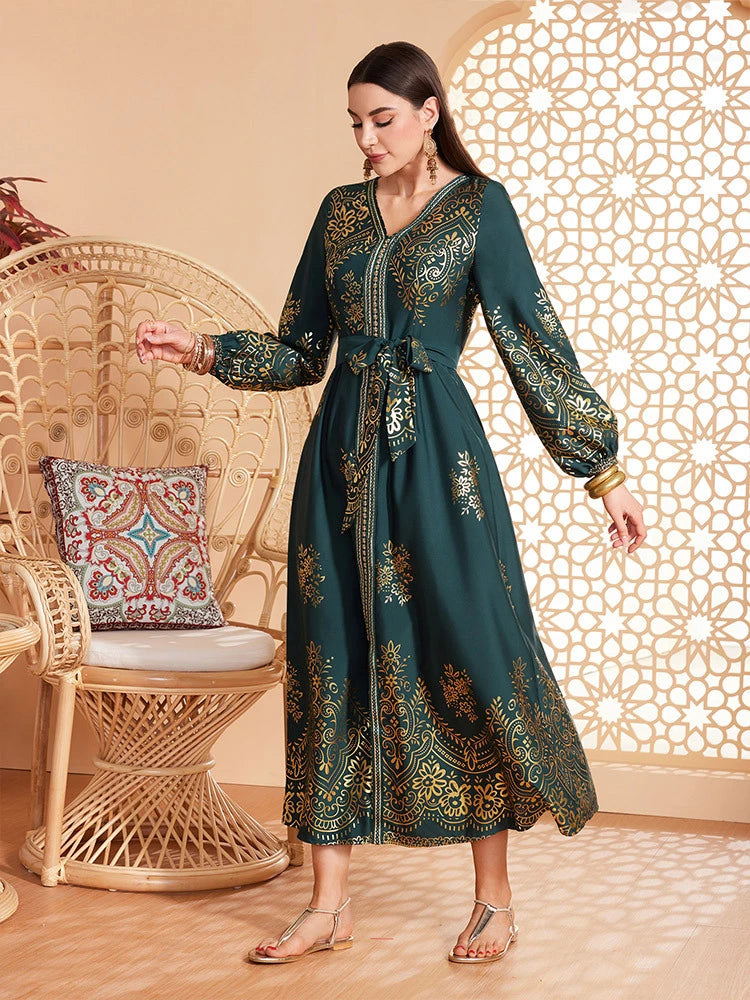 MH057 Elegant Lantern Sleeve Abaya Dress | Modest Maxi Kaftan for Eid & Evening Wear