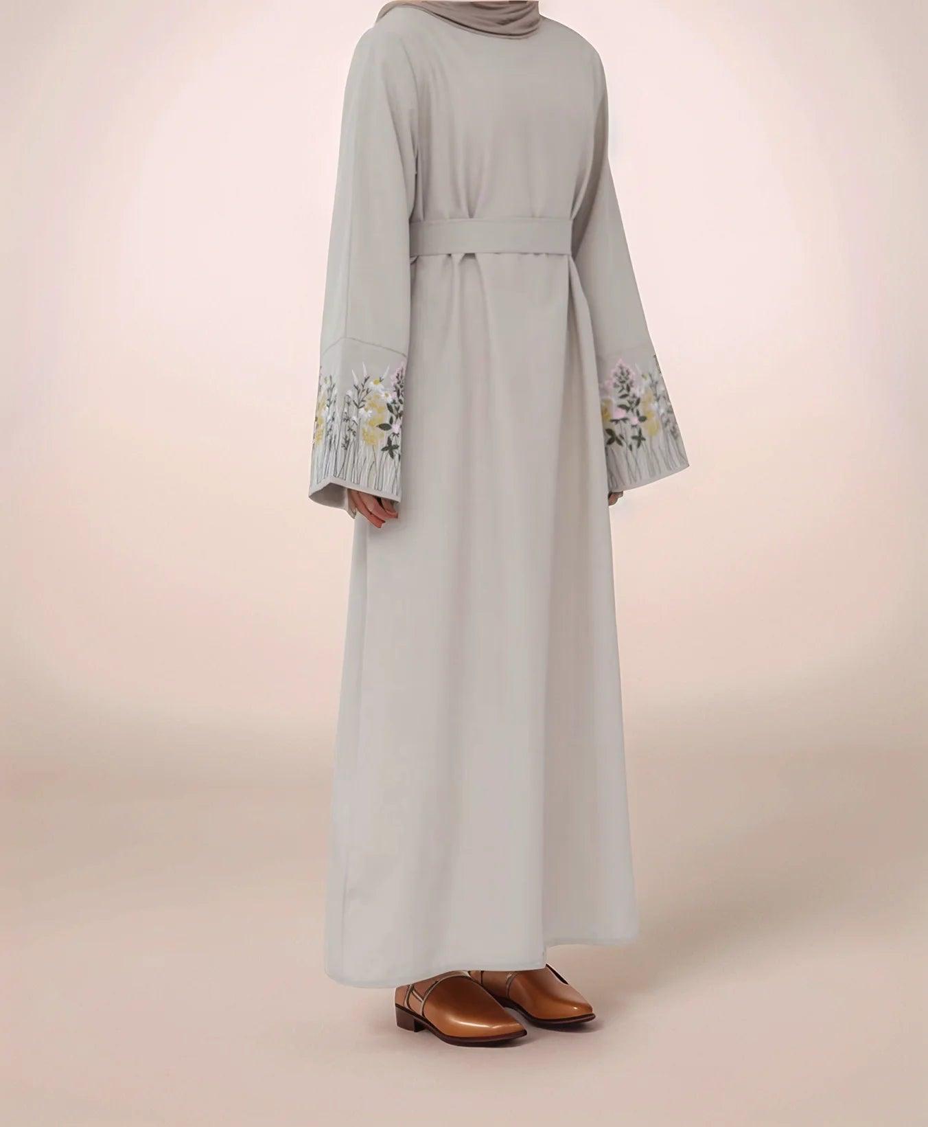 Elegant Floral Embroidered Wide Sleeve Linen Abaya | Modest Maxi Dress for Women - Mahathelabel