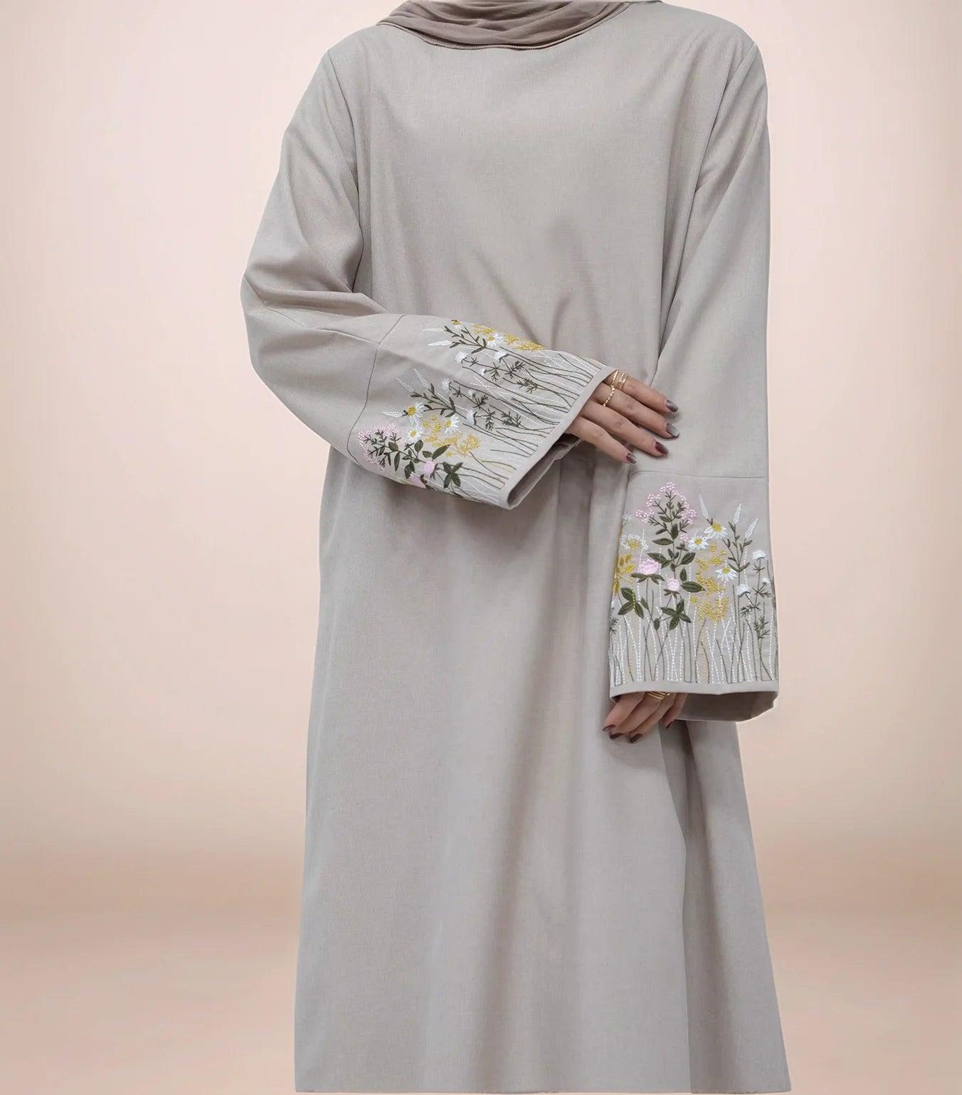 Elegant Floral Embroidered Wide Sleeve Linen Abaya | Modest Maxi Dress for Women - Mahathelabel