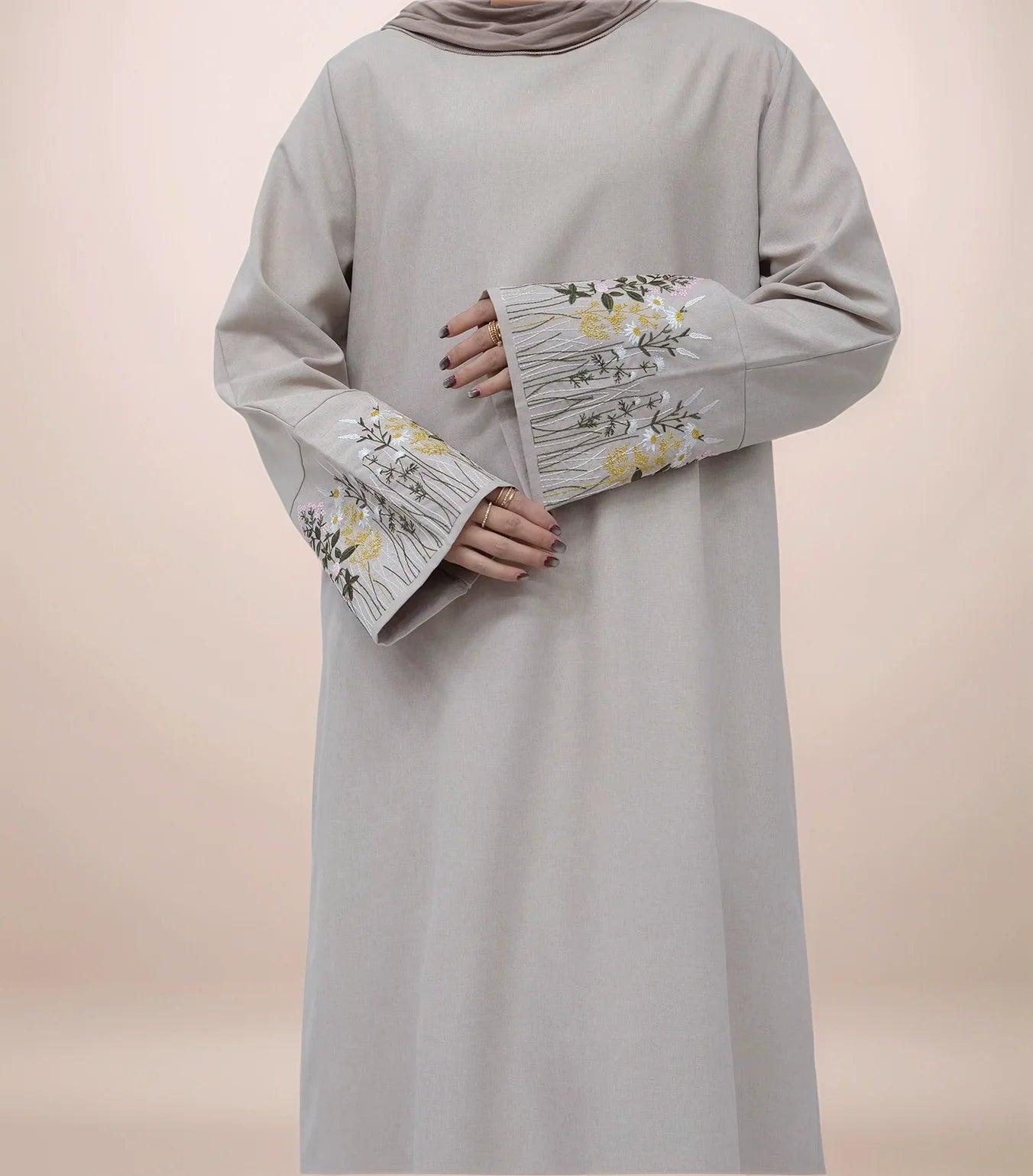 Elegant Floral Embroidered Wide Sleeve Linen Abaya | Modest Maxi Dress for Women - Mahathelabel