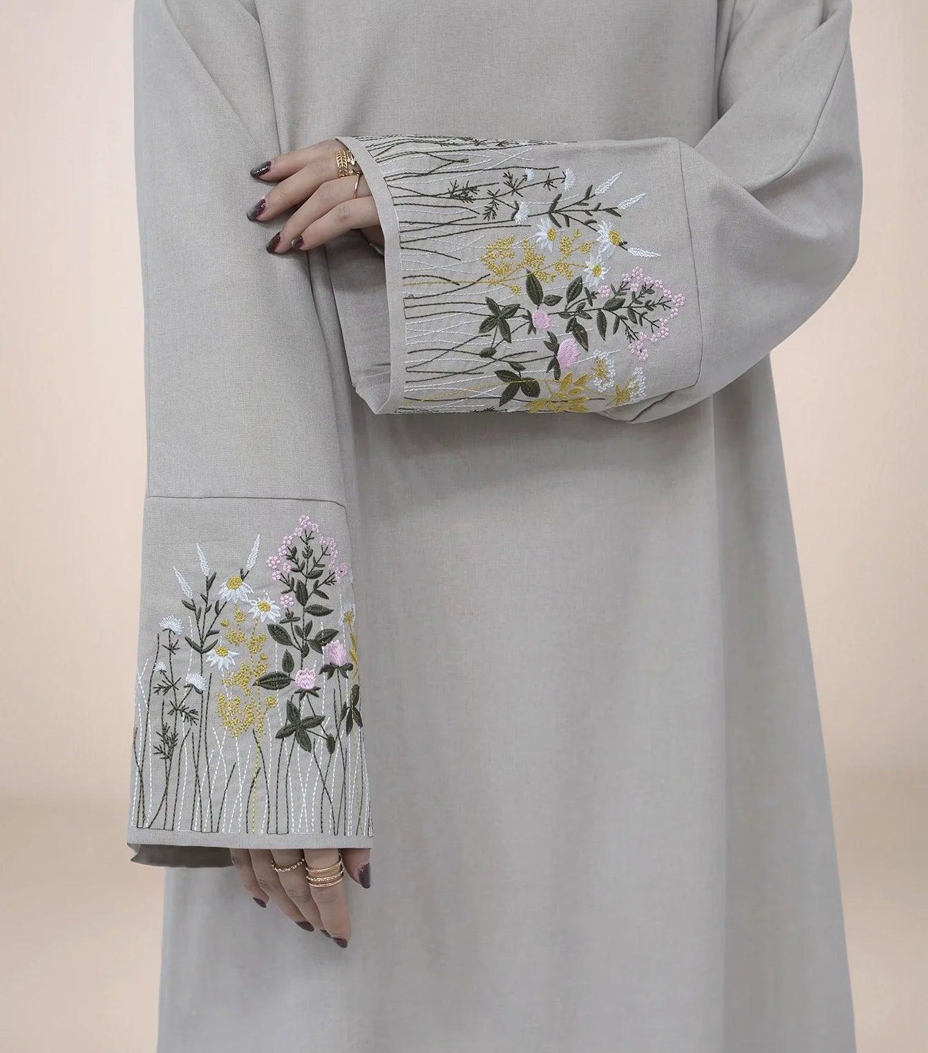 Elegant Floral Embroidered Wide Sleeve Linen Abaya | Modest Maxi Dress for Women - Mahathelabel