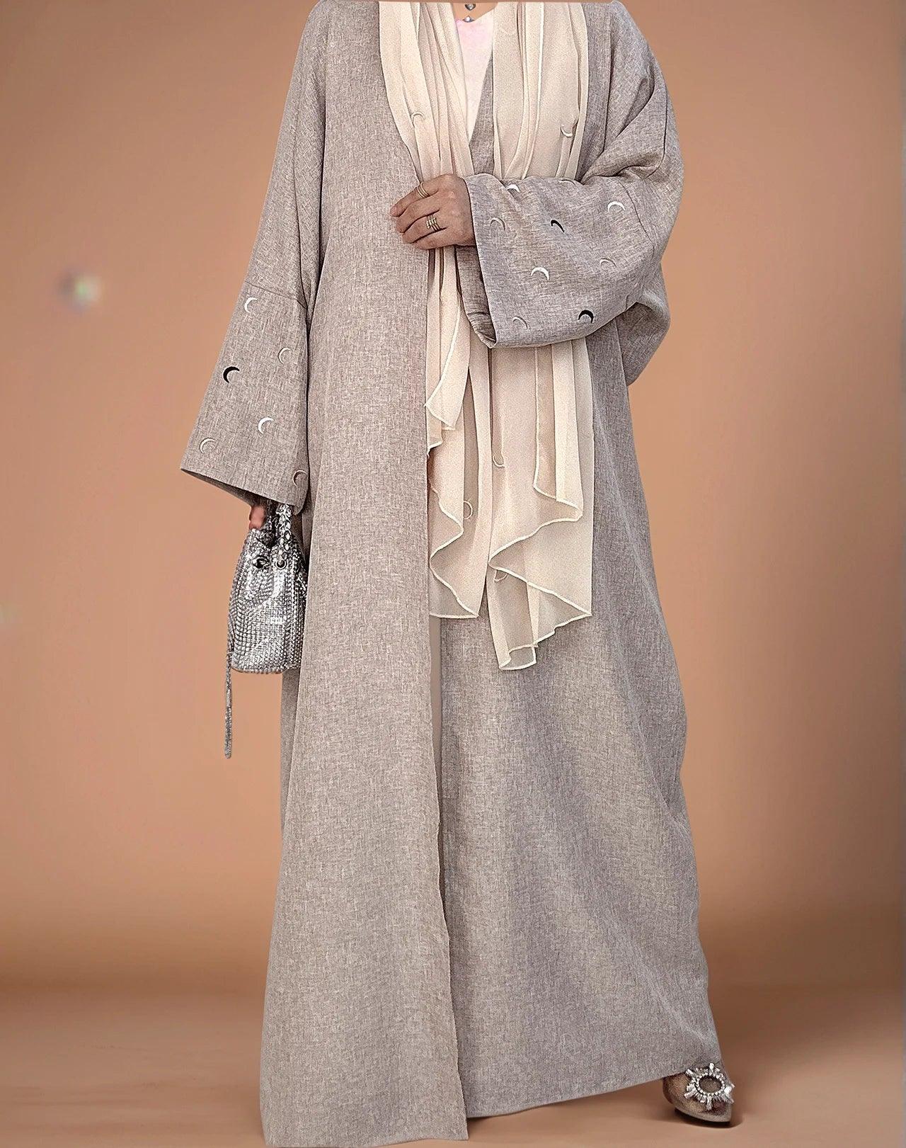 Elegant Moon Kimono Style Abaya with Hijab Set - Premium Modest Wear | GREY / S Elegant Moon Kimono Style Abaya with Hijab Set - Premium Modest Wear | GREY / S
