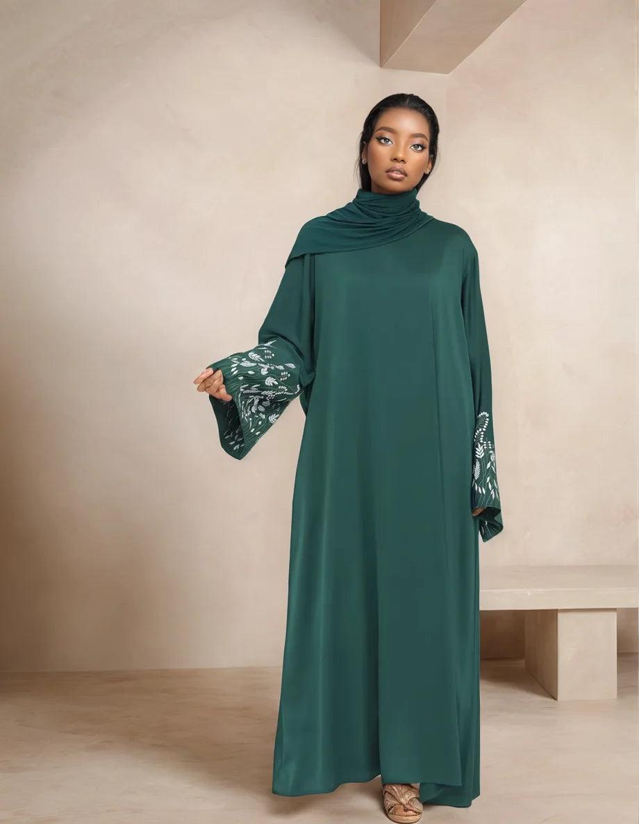 Embroidered Long Sleeve Kaftan Abaya| Modest Dress for Women/Emerald - Mahathelabel