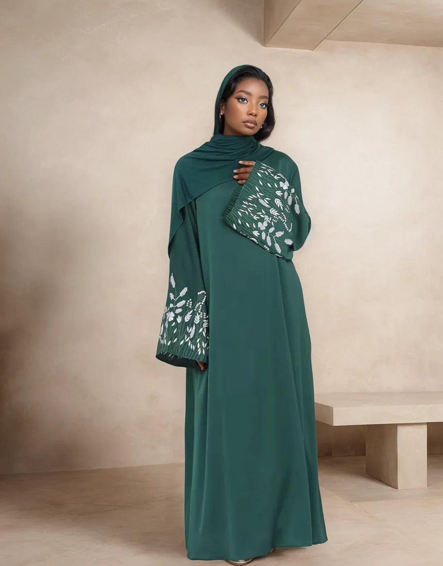 Embroidered Long Sleeve Kaftan Abaya| Modest Dress for Women/Emerald - Mahathelabel