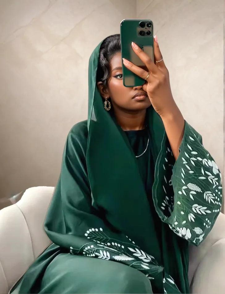 Embroidered Long Sleeve Kaftan Abaya| Modest Dress for Women/Emerald - Mahathelabel