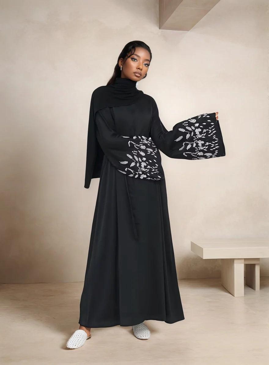 Embroidered Long Sleeve Kaftan Abaya-Black - Premium Modest Wear | Mah Black / S Embroidered Long Sleeve Kaftan Abaya-Black - Premium Modest Wear | Mah Black / S
