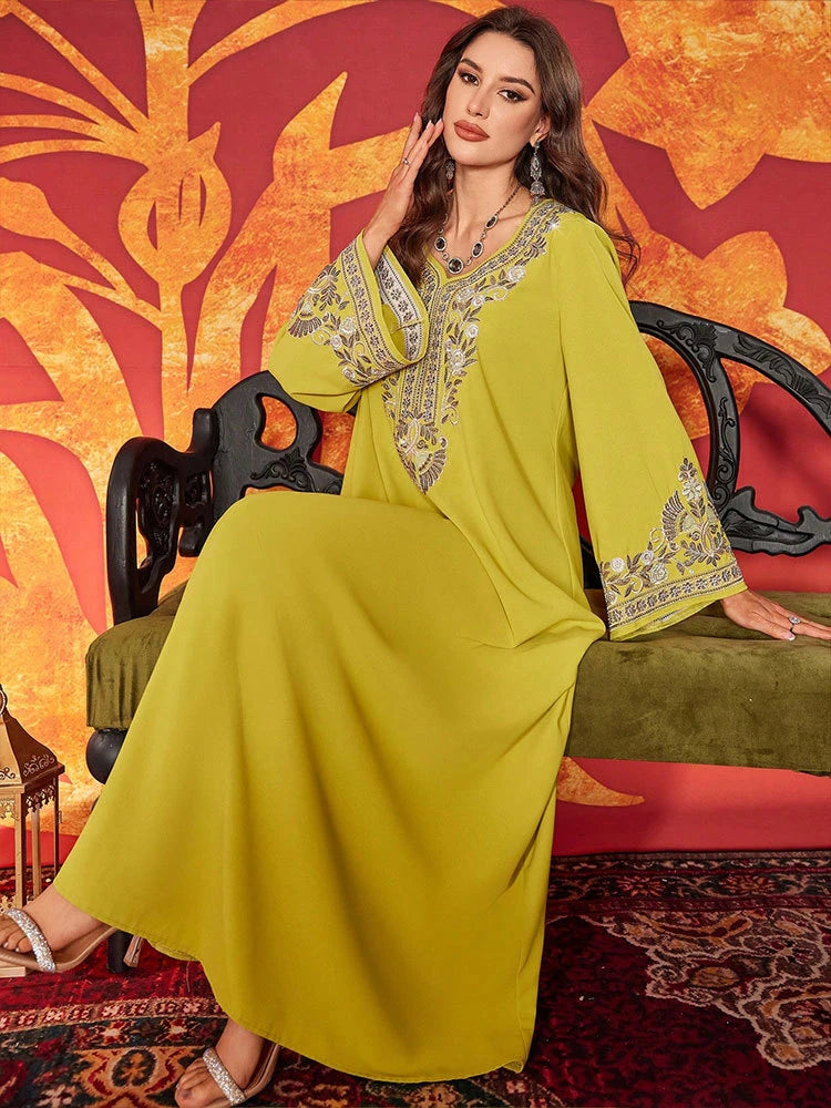 MH87 Luxury Embroidered Abaya Dress | Modest Maxi Kaftan with Rhinestone Details