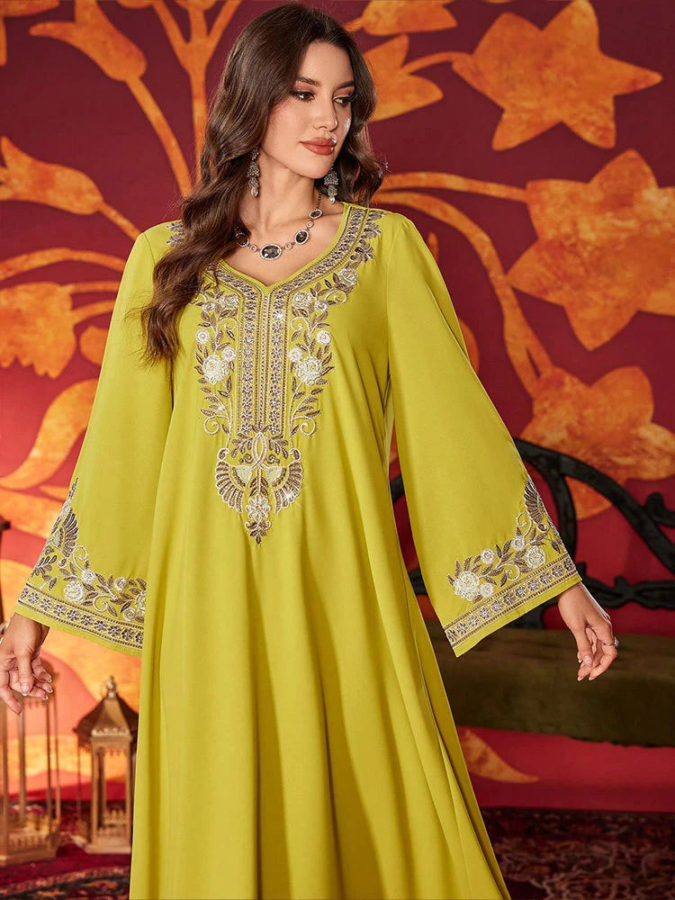 MH87 Luxury Embroidered Abaya Dress | Modest Maxi Kaftan with Rhinestone Details