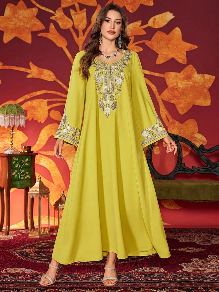 MH87 Luxury Embroidered Abaya Dress | Modest Maxi Kaftan with Rhinestone Details