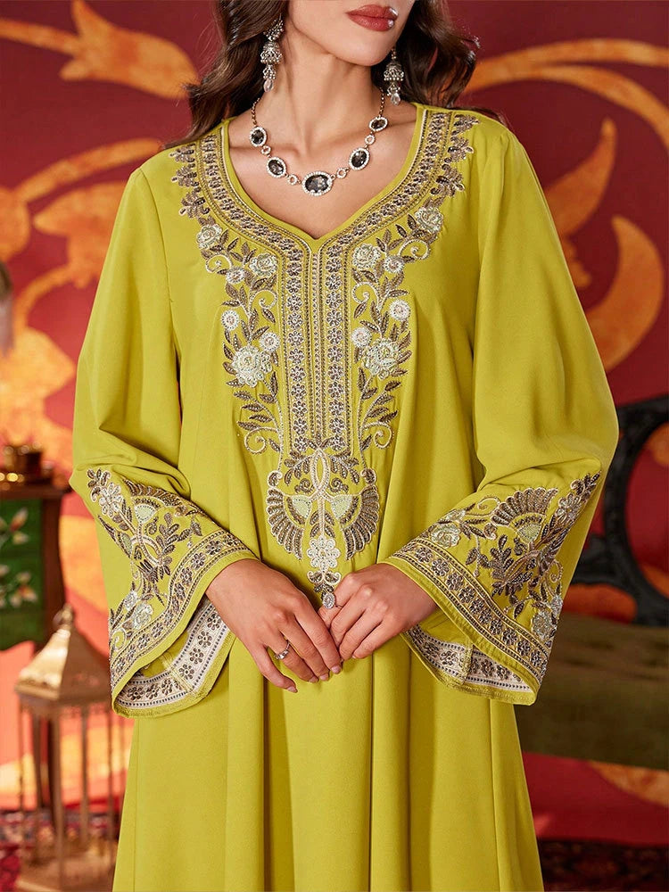 MH87 Luxury Embroidered Abaya Dress | Modest Maxi Kaftan with Rhinestone Details