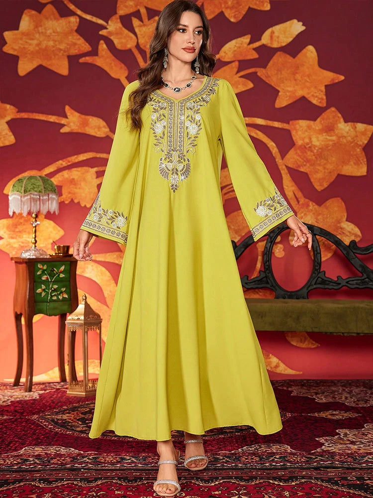 MH87 Luxury Embroidered Abaya Dress | Modest Maxi Kaftan with Rhinestone Details