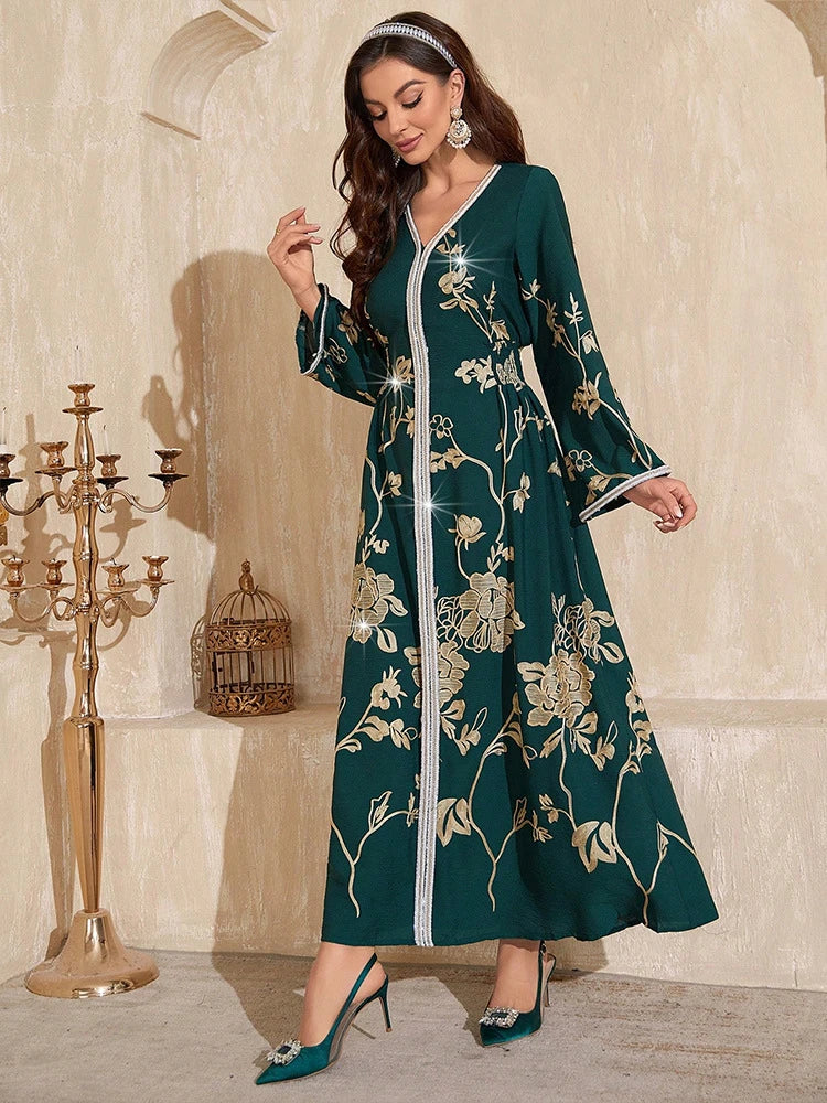 KY902 Embroidered Abaya Dress | Dubai-Style Modest Evening Kaftan Green / XL KY902 Embroidered Abaya Dress | Dubai-Style Modest Evening Kaftan Green / XL