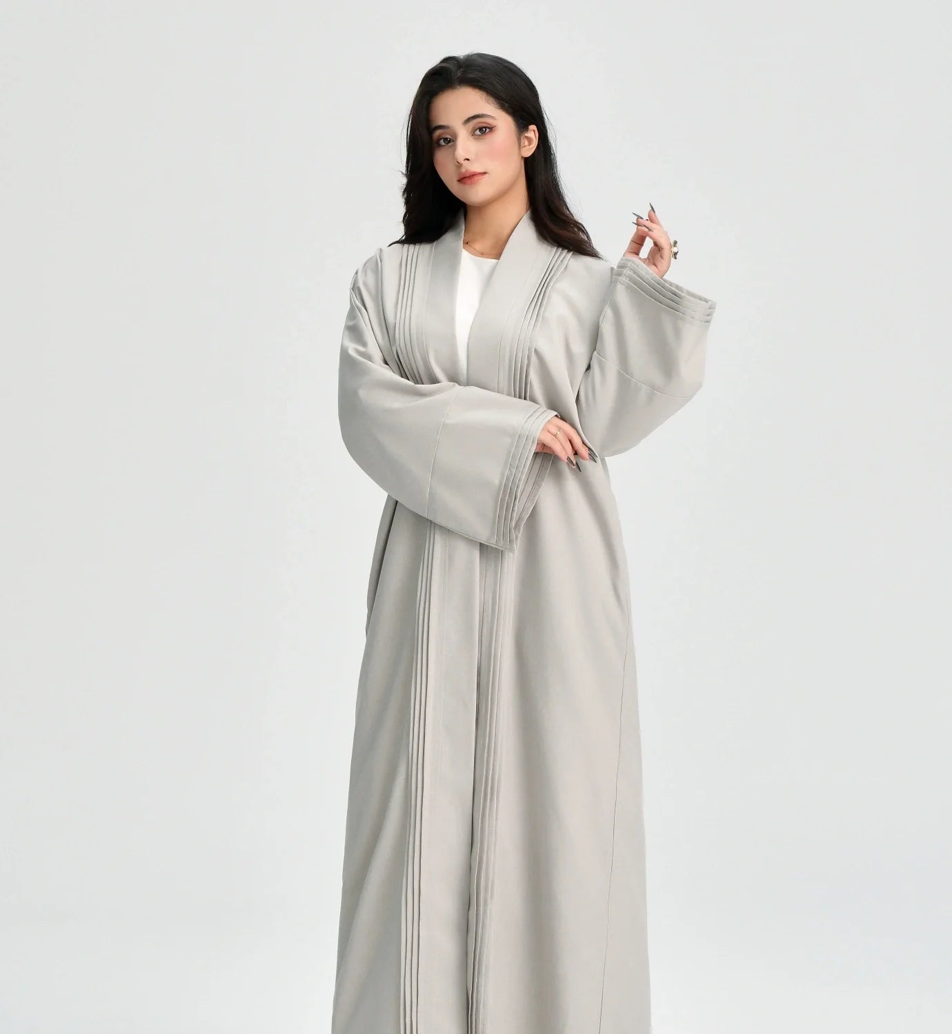 Linen Textured Pleated Abaya - Premium Modest Wear | Maha The Label Grey / XL (58) / Cardigan + White Inner Linen Textured Pleated Abaya - Premium Modest Wear | Maha The Label Grey / XL (58) / Cardigan + White Inner
