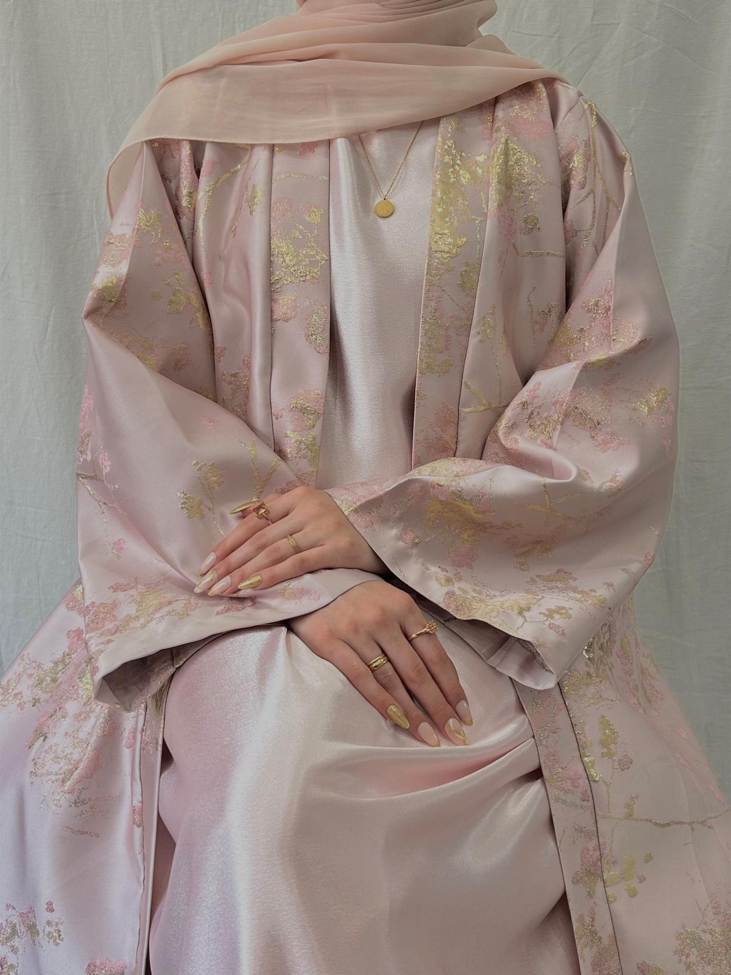 MH98 Sakura Pink Kimono Abaya – Embroidered Eid Abaya with Golden Details