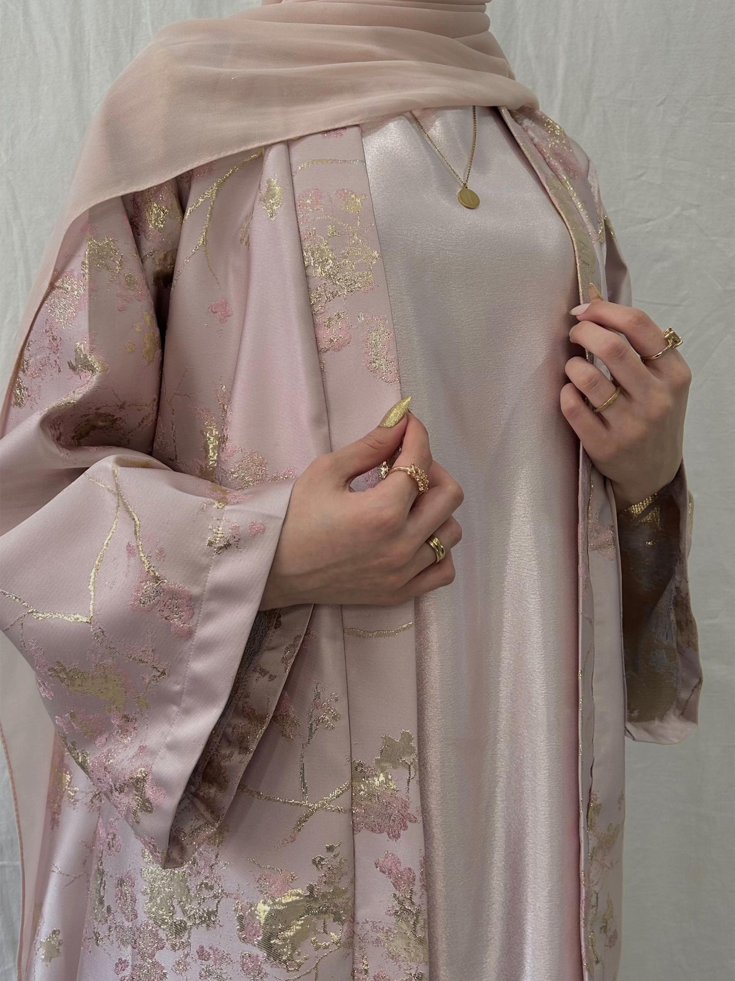 MH98 Sakura Pink Kimono Abaya – Embroidered Eid Abaya with Golden Details